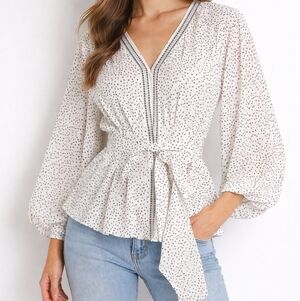 Max Studio Polka Dot Peplum Blouse Women’s S – Tie Waist, Balloon Sleeves